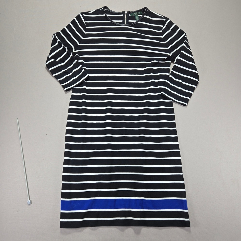 Lauren Ralph Lauren Black White Striped Knee Length Dress Faux Leather‎ Trim  L